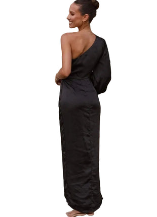 Oblique Shoulder Satin Black Dress | Lace-Up Lantern Sleeve Dress | BLNDL 
