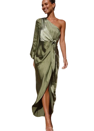 Oblique Shoulder Satin Matcha Dress | Lace-Up Lantern Sleeve Dress | BLNDL 