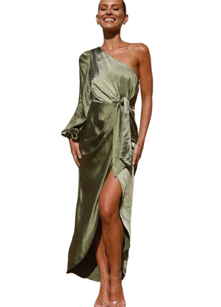 Oblique Shoulder Satin Matcha Dress | Lace-Up Lantern Sleeve Dress | BLNDL 