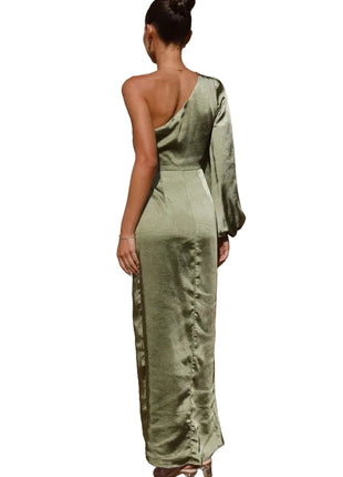 Oblique Shoulder Satin Matcha Dress | Lace-Up Lantern Sleeve Dress | BLNDL 