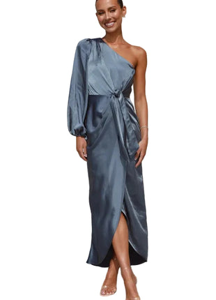 Oblique Shoulder Satin Peacock Dress | Lace-Up Lantern Sleeve Dress | BLNDL 