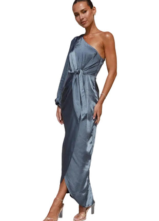 Oblique Shoulder Satin Peacock Dress | Lace-Up Lantern Sleeve Dress | BLNDL 