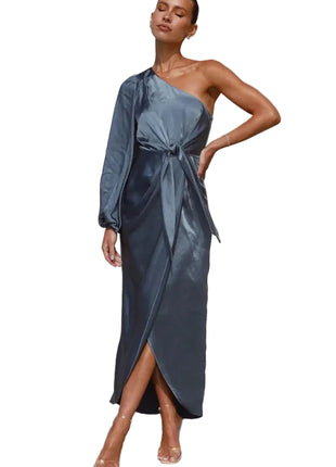Oblique Shoulder Satin Peacock Dress | Lace-Up Lantern Sleeve Dress | BLNDL 