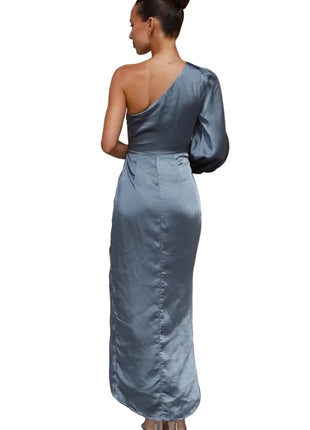 Oblique Shoulder Satin Peacock Dress | Lace-Up Lantern Sleeve Dress | BLNDL 