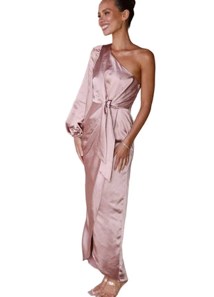 Oblique Shoulder Satin Pink Dress | Lace-Up Lantern Sleeve Dress | BLNDL 