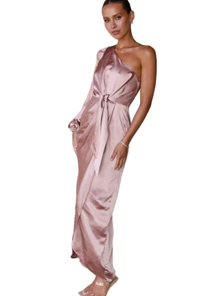 Oblique Shoulder Satin Pink Dress | Lace-Up Lantern Sleeve Dress | BLNDL 