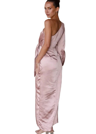 Oblique Shoulder Satin Pink Dress | Lace-Up Lantern Sleeve Dress | BLNDL 