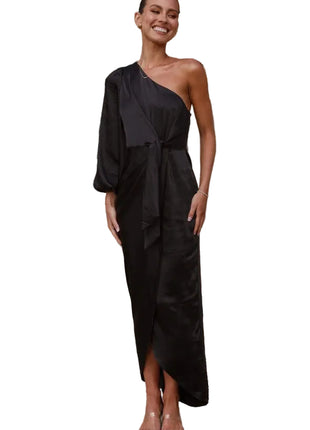 Oblique Shoulder Satin Black Dress | Lace-Up Lantern Sleeve Dress | BLNDL 