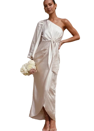 Oblique Shoulder Satin Dress | Lace-Up Lantern Sleeve Dress | BLNDL