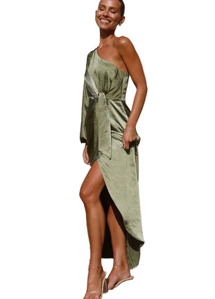 Oblique Shoulder Satin Matcha Dress | Lace-Up Lantern Sleeve Dress | BLNDL 