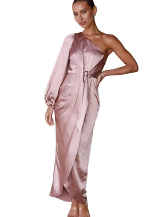 Oblique Shoulder Satin Pink Dress | Lace-Up Lantern Sleeve Dress | BLNDL 