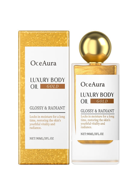 OceAura glitter body oil with moisturizing formula and radiant shimmer finish.