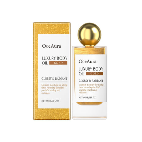 OceAura glitter body oil with moisturizing formula and radiant shimmer finish.