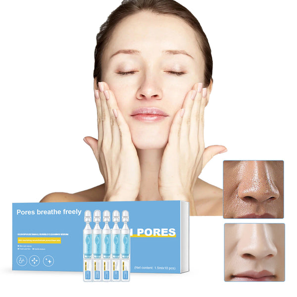 Product packaging for skin care with a woman touching her face and close-up images of skin texture.