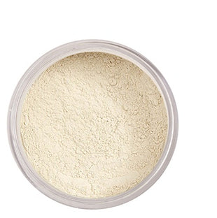 Beige powder in a clear container on a white background