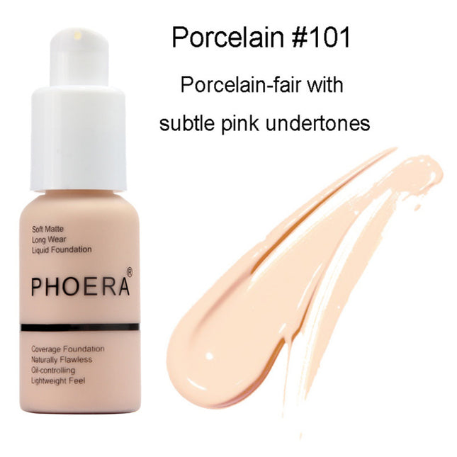 PHOERA foundation bottle with a swatch of Porcelain #101 shade on a white background
