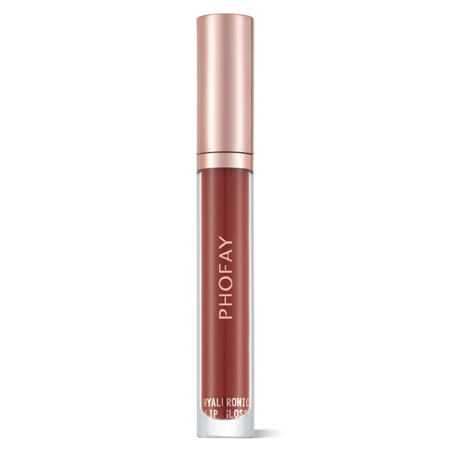A tube of PHOFAY Hyaluronic Lip Gloss in a rose peach brown shade with a golden cap.