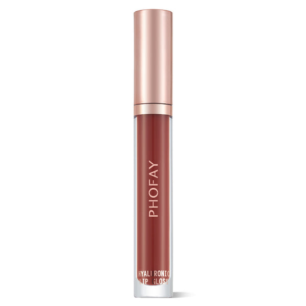 A tube of PHOFAY Hyaluronic Lip Gloss in a rose peach brown shade with a golden cap.