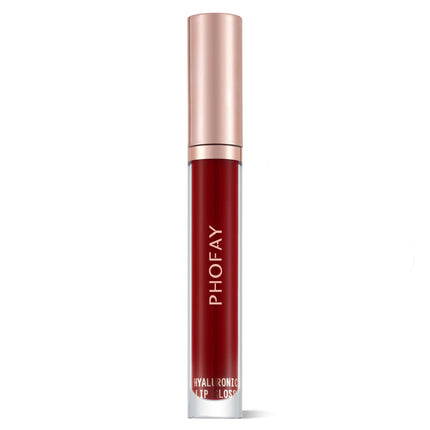 A tube of PHOFAY Hyaluronic Lip Gloss in a rose peach brown shade with a golden cap.