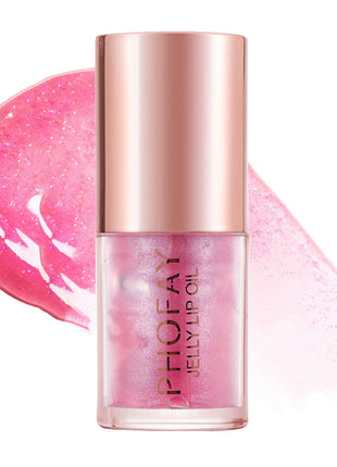 A bottle of PHOFAY Jelly Lip Oil with a clear liquid visible through the bottle and a rose gold cap.