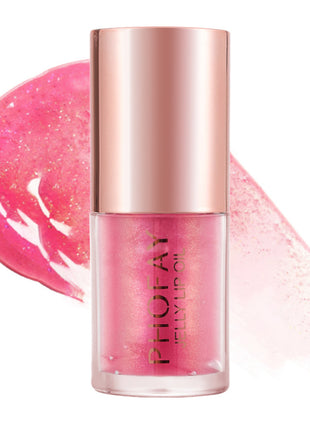 A bottle of PHOFAY Jelly Lip Oil with a clear liquid visible through the bottle and a rose gold cap.