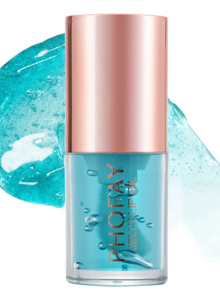 A bottle of PHOFAY Jelly Lip Oil with a clear liquid visible through the bottle and a rose gold cap.
