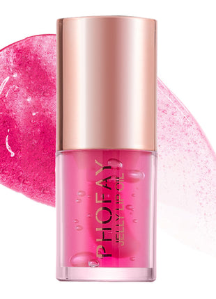 A bottle of PHOFAY Jelly Lip Oil with a clear liquid visible through the bottle and a rose gold cap.