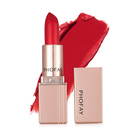 A PHOFAY matte lipstick in a rose pink shade, displayed next to its open packaging.