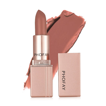 A PHOFAY matte lipstick in a rose pink shade, displayed next to its open packaging.