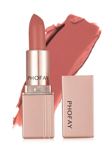 A PHOFAY matte lipstick in a rose pink shade, displayed next to its open packaging.