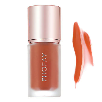 A bottle of PHOFAY Mousse Liquid Blush in pink color with a rose gold cap, alongside a swatch of the product showing its color and texture.