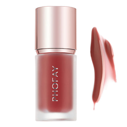 A bottle of PHOFAY Mousse Liquid Blush in pink color with a rose gold cap, alongside a swatch of the product showing its color and texture.