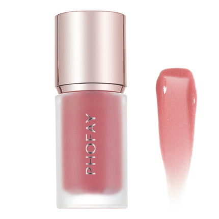 A bottle of PHOFAY Mousse Liquid Blush in pink color with a rose gold cap, alongside a swatch of the product showing its color and texture.