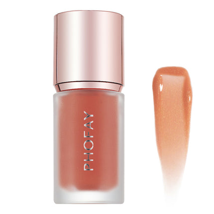 A bottle of PHOFAY Mousse Liquid Blush in pink color with a rose gold cap, alongside a swatch of the product showing its color and texture.