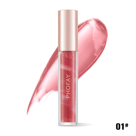 A tube of PHOFAY Rose Blooming Hydrating Lip Gloss in color '01#' with a pink shade, matching the product's swatch shown next to it.