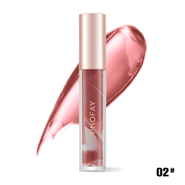 A tube of PHOFAY Rose Blooming Hydrating Lip Gloss in color '01#' with a pink shade, matching the product's swatch shown next to it.