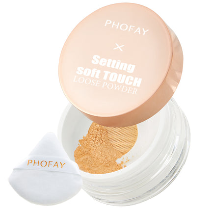 A jar of PHOFAY Setting Soft Touch Loose Powder with a pink lid, alongside a white puff dispenser with the brand name PHOFAY printed on it.