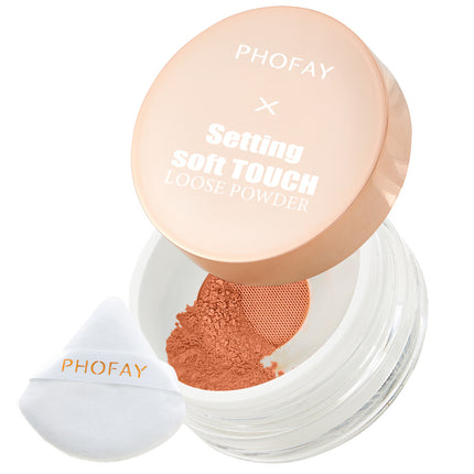 A jar of PHOFAY Setting Soft Touch Loose Powder with a pink lid, alongside a white puff dispenser with the brand name PHOFAY printed on it.