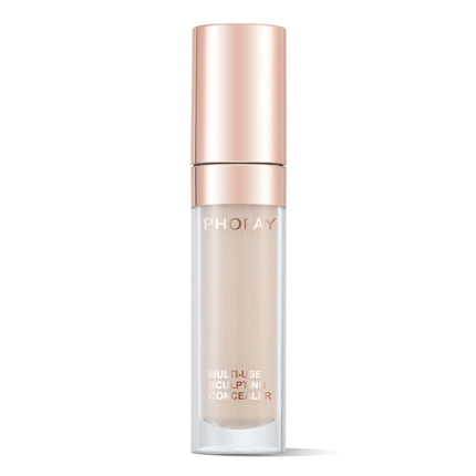 A bottle of PHOFAY Super Coverage Concealer with a rose gold cap and a clear body showing the light beige concealer inside.