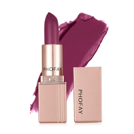 A PHOFAY matte lipstick in a rose pink shade, displayed next to its open packaging.