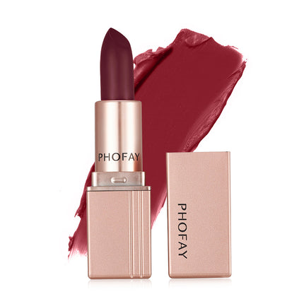 A PHOFAY matte lipstick in a rose pink shade, displayed next to its open packaging.