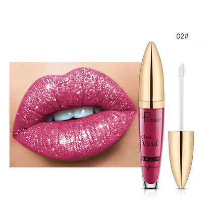 This image features the PUDAIER Lip Gloss Glitter Lipstick, highlighting its matte pearlescent finish. The product is showcased on a pair of lips, emphasizing the rich, vibrant color and the glossy, glittery texture that gives it a distinctive, shiny appearance.