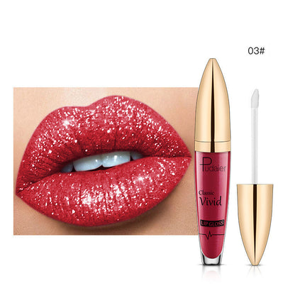 This image features the PUDAIER Lip Gloss Glitter Lipstick, highlighting its matte pearlescent finish. The product is showcased on a pair of lips, emphasizing the rich, vibrant color and the glossy, glittery texture that gives it a distinctive, shiny appearance.