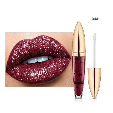 This image features the PUDAIER Lip Gloss Glitter Lipstick, highlighting its matte pearlescent finish. The product is showcased on a pair of lips, emphasizing the rich, vibrant color and the glossy, glittery texture that gives it a distinctive, shiny appearance.