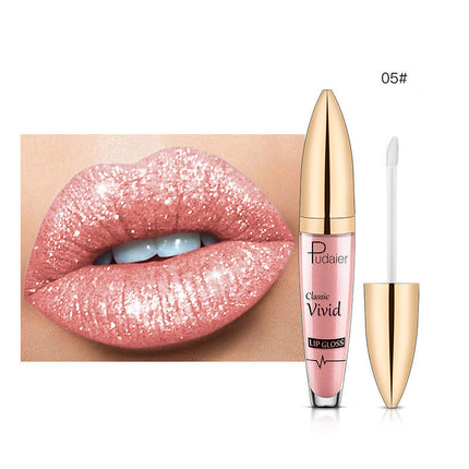 This image features the PUDAIER Lip Gloss Glitter Lipstick, highlighting its matte pearlescent finish. The product is showcased on a pair of lips, emphasizing the rich, vibrant color and the glossy, glittery texture that gives it a distinctive, shiny appearance.