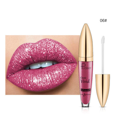 This image features the PUDAIER Lip Gloss Glitter Lipstick, highlighting its matte pearlescent finish. The product is showcased on a pair of lips, emphasizing the rich, vibrant color and the glossy, glittery texture that gives it a distinctive, shiny appearance.
