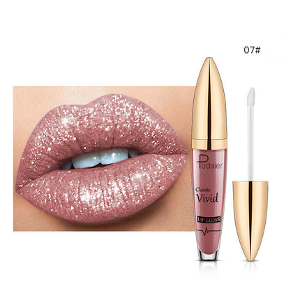 This image features the PUDAIER Lip Gloss Glitter Lipstick, highlighting its matte pearlescent finish. The product is showcased on a pair of lips, emphasizing the rich, vibrant color and the glossy, glittery texture that gives it a distinctive, shiny appearance.