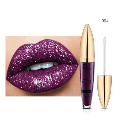 This image features the PUDAIER Lip Gloss Glitter Lipstick, highlighting its matte pearlescent finish. The product is showcased on a pair of lips, emphasizing the rich, vibrant color and the glossy, glittery texture that gives it a distinctive, shiny appearance.