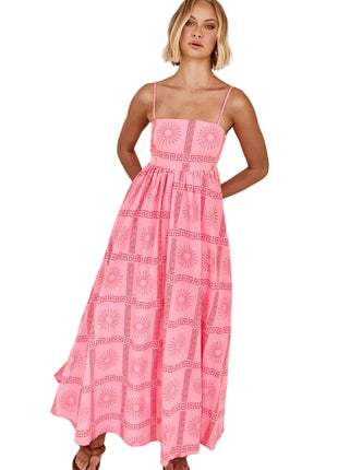 Pink Geometric Print Suspender Dress for Vacation Wear
