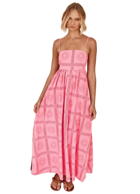 Pinkish Sunny Back Cutout Sling Dress with Geometric Pattern
